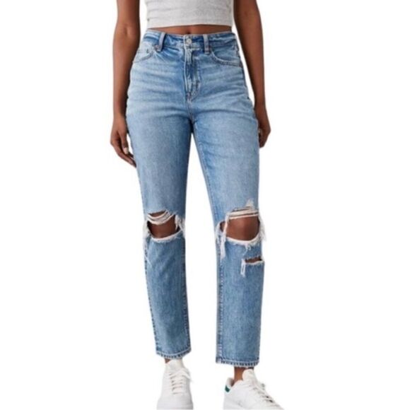 American Eagle Mom Ripped Strait Leg Jean distressed Cotton Light-wash High-rise - Picture 1 of 13
